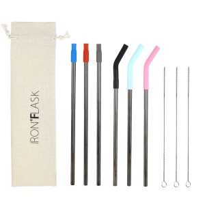 Replacement Straw Bundle - 6 Stainless Steel with Bendy Silicone Tips - 3 Cleaning Brushes